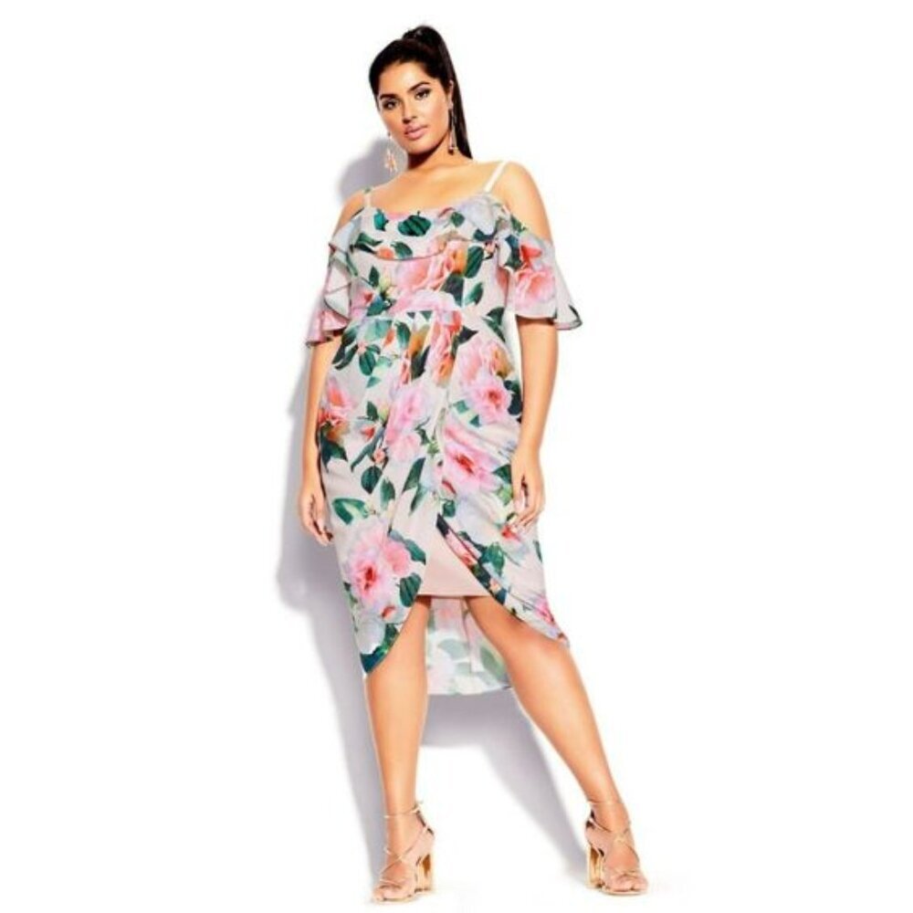 City Chic Love Me Do Sleeveless Floral Midi Dress Size 18 Campagne and Pink